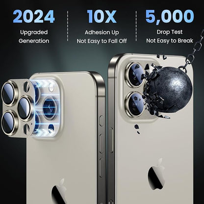Uyiton Compatible with iPhone 16 Pro/iPhone 16 Pro Max Camera Lens Protector - [Not Easy to Break][Strong Adsorption][Case-Friendly] Metal Tempered Glass Rear Camera Screen Cover - Natural Titanium