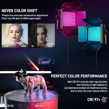GVM RGB LED Video Light with Bluetooth Control, 60W Photography Studio Lighting Kit with Stands, 2-Packs 880RS Dimmable Led Panel Light for YouTube, Streaming, Gaming, 8 Applicable Scenes, CRI97