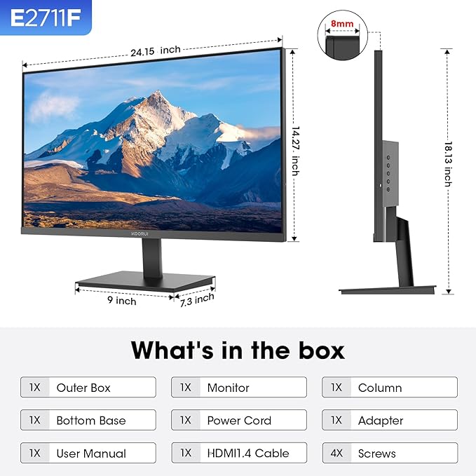 KOORUI 27 Inch Monitor, Full HD 1080P 100Hz Computer Monitor, IPS Display, HDMI, VGA, 4ms Response Time, 100 x 100 mm VESA Mountable, Frameless, Ergonomic Tilt, Black