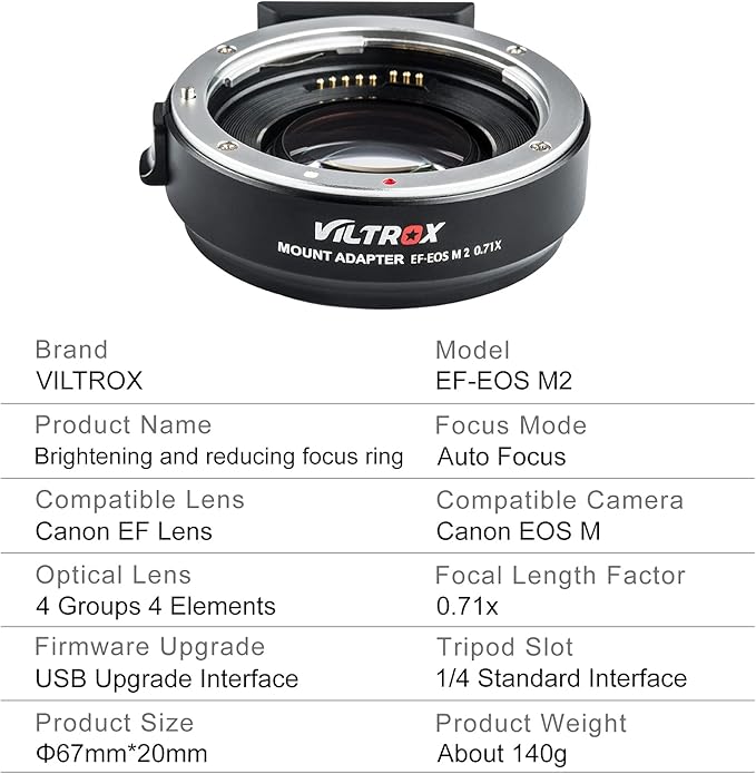 VILTROX EF-M2 Pro Lens Adapter 0.71x Auto Focus EF Lens to M4/3 Mount Adapter Compatible with Canon EF Lens to M4/3 Mount Camera GH4 GH5 GF8 GF9 GX8 GX85 G6 G7 E-M5 E-M10 E-PL7 E-PL8 E-P5 Pen-F