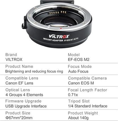 VILTROX EF-M2 Pro Lens Adapter 0.71x Auto Focus EF Lens to M4/3 Mount Adapter Compatible with Canon EF Lens to M4/3 Mount Camera GH4 GH5 GF8 GF9 GX8 GX85 G6 G7 E-M5 E-M10 E-PL7 E-PL8 E-P5 Pen-F