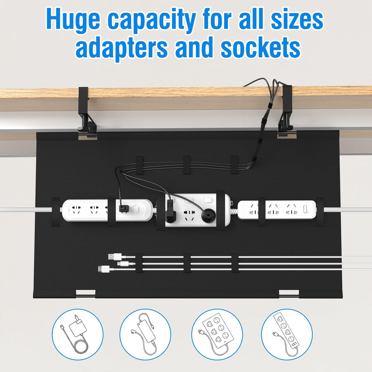 WISUGASO Under Desk Cable Management Tray for Table, No Drill 36" Cord Organizer with Cable Loop, Upgraded Oxford Fabric Wire Management for Office, Home - No Damage to Table