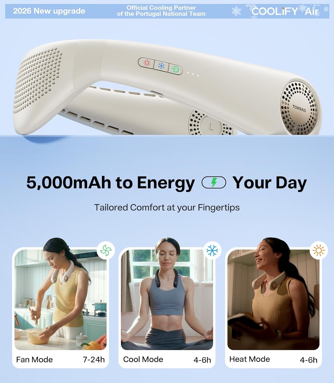 TORRAS COOLiFY Air 2026 Upgraded Neck Fan Air Conditioner, Dual-Airflow Pro Cooling, Ultra Light Portable Fan Rechargeable, Personal Cooling Fan Travel Essentials, Gift for Dad Father,White