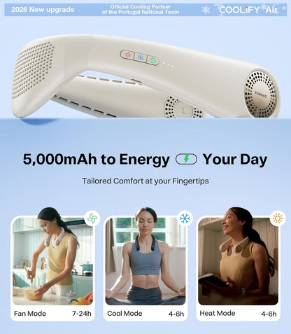 TORRAS COOLiFY Air 2026 Upgraded Neck Fan Air Conditioner, Dual-Airflow Pro Cooling, Ultra Light Portable Fan Rechargeable, Personal Cooling Fan Travel Essentials, Gift for Dad Father,White