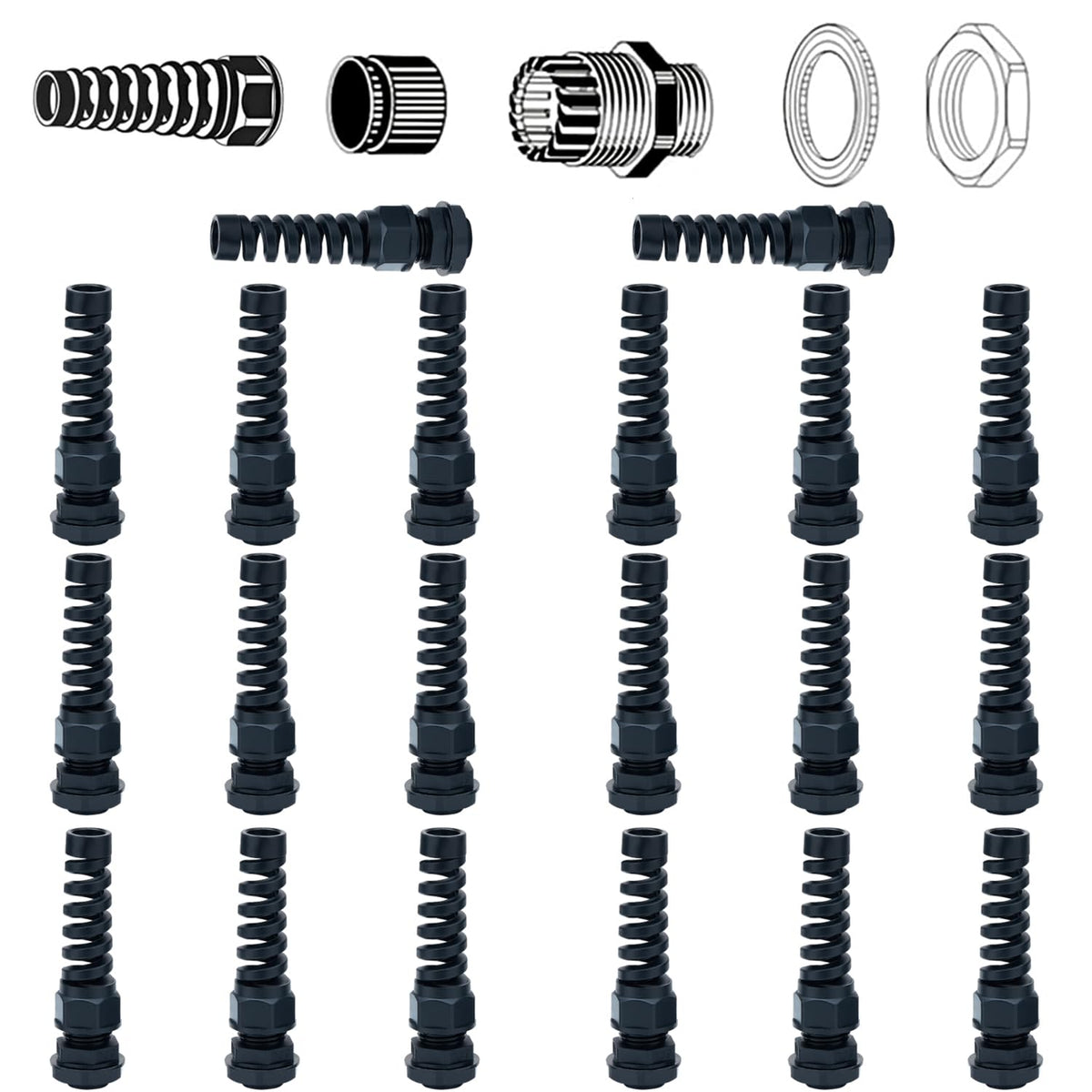 38 Pcs PG7~21 Kit Cable Gland 3-18mm Nylon Strain Relief Spring IP68 PA66