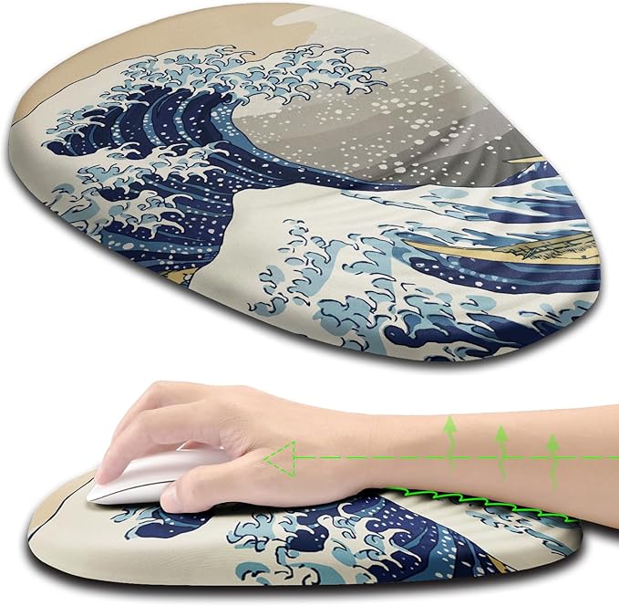 Ergonomic Mouse Pad Wrist Rest, Japanese Sea Wave Mouse Pad with Wrist Support, Memory Foam Massage Design & Non-Slip PU Base MousePads for Pain Relief, Desk, Office, Home, Kanagawa Wave