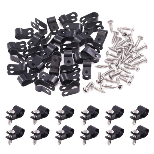 Swpeet 120 Pack Black 3/8 Inch Nylon Plastic R-Type Cable Clips Clamp Kit, Nylon Screw Mounting Cord Fastener Clips with 120 Pack Screws for Wire Management (3/8 Inch, Black)