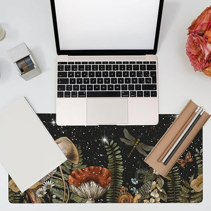 Large Gaming Mouse Pad for Desk,Cute Forest Mushroom Desk Mat,Starry Night Mushroom Desk Pad,Extended Big Computer Keyboard Mouse Pad with Non-Slip Base and Stitched Edge,35.4"x15.7"