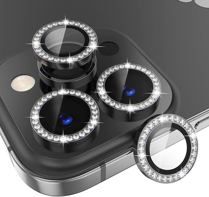 Choiche [3+1 for iPhone 14 Pro/iPhone 14 Pro Max Camera Lens Protector Bling, 9H Tempered Glass Camera Cover Screen Protector Metal Ring Decoration Accessories (Diamond-Black)