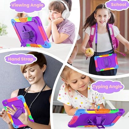 SEYMAC stock Case for Samsung Galaxy Tab A8 10.5'', Full-Body Drop Protection Case with Screen Protector Pencil Holder [360° Rotating Hand Strap] &Stand, Purple+Colorful