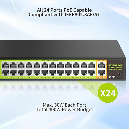 POE Switch with 24 Port POE + 2 Gigabit Uplink,802.3af/at PoE+ 100Mbps, 400W Built-in Power,Unmanaged, Extend to 250M for Security Camera System, AP, IP Phone.