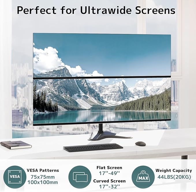 Dual Monitor Stand Heavy Duty - 17-49 inch Freestanding Vertical Dual Monitor Arm, Adjustable Stacked Double Monitor Desk Mount, Max Load 44 lbs (per Screen), VESA 75/100 mm, Black