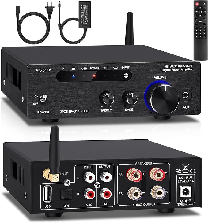 Beffkkip Amplifier Home Audio,Stereo Receiver Bluetooth 5.0 Power amp 100W x2 Wireless HiFi Stereo Class D Digital 2 Channel Integrated with Bass Treble Control for Passive Speakers