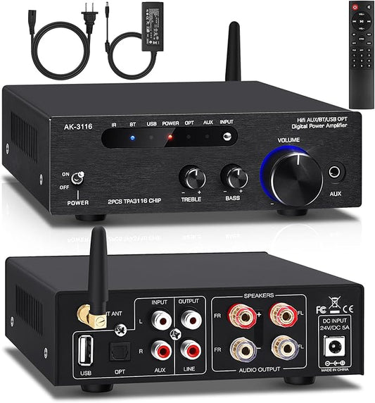 Amplifier Home Audio,Stereo Receiver Bluetooth 5.0 Power amp 100W x2 Wireless HiFi Stereo Class D Digital 2 Channel Integrated with Bass Treble Control for Passive Speakers