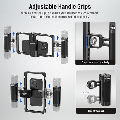 NEEWER Upgraded Phone Rig Vlogging Kit, Video Stabilizer with Dual Handle, Wireless Mic Clip Slot for Tiktok/YouTube, Compatible with SmallRig iPhone 16 15 14 Pro Max Plus 13 Galaxy S23, PA009