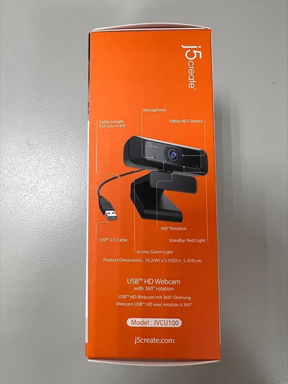 j5create USB Streaming Webcam - 1080P HD with 360° Rotation, High Fidelity Microphone, Plug and Play for PC/Mac/Laptop/Desktop/Skype/YouTube/Zoom/Facetime, Suitable for Conferencing/Calling (JVCU100)