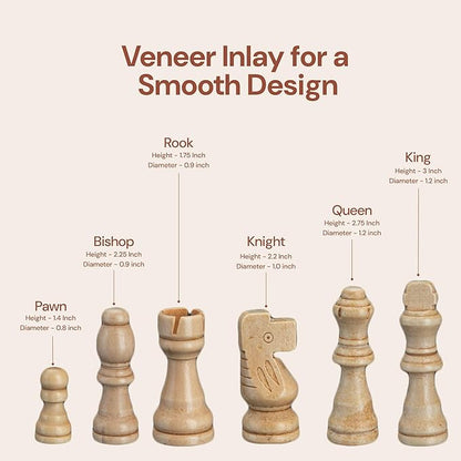 PlayVibe Wooden Chess Set 15'' & Checkers Board Games for All Players with 2 Extra Queens - Handmade Classic Wooden Chess Board, Portable & Folding Playtime Boards, Beginner & Professional Use