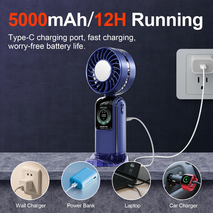 GZEduld Quiet Personal Handheld Fan with Stand & Lanyard, 5000mAh USB-C Rechargeable Battery, 12H Runtime 5-Speed LED Display Mini Cool Fan for Travel Beach Concerts Outdoor Events（Blue）