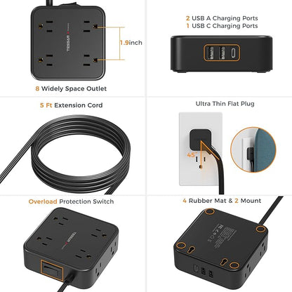 TESSAN Surge Protector Flat Plug Power Strip, Black Extension Cord, 8 AC Outlets, 3 USB Charger(1 USB C Port) 3 Side Outlet Extender, 5 Ft, 900 Joules Protection, Office Supplies, Dorm Essentials
