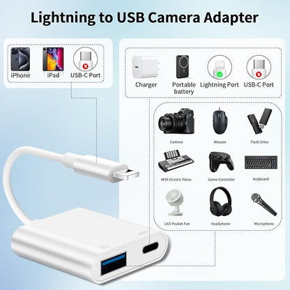 [Apple MFi Certified] Lightning to USB Camera Adapter for iPhone, iPad to USB 3.0 Female OTG Adapter with Charging Port, Plug and Play, Support Card Reader, USB Flash Drives, Keyboard