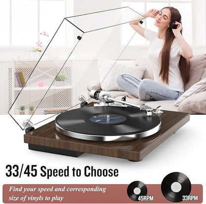Turntable Record Player Wireless Output Vinyl Players Aluminium Platter and Tonearm Belt-Drive LP Turntables 33 45 RPM Phono Audio AT-3600L MM Cartridge RCA Line USB Digital to PC Recording Dark Brown