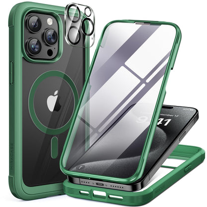 Miracase Magnetic for iPhone 15 Pro Case [Compatible with MagSafe] Full-Body Bumper Phone case with Built-in Glass Screen Protector& Camera Protector, Military Drop Proof 15 Pro Cover, Magnetic Green