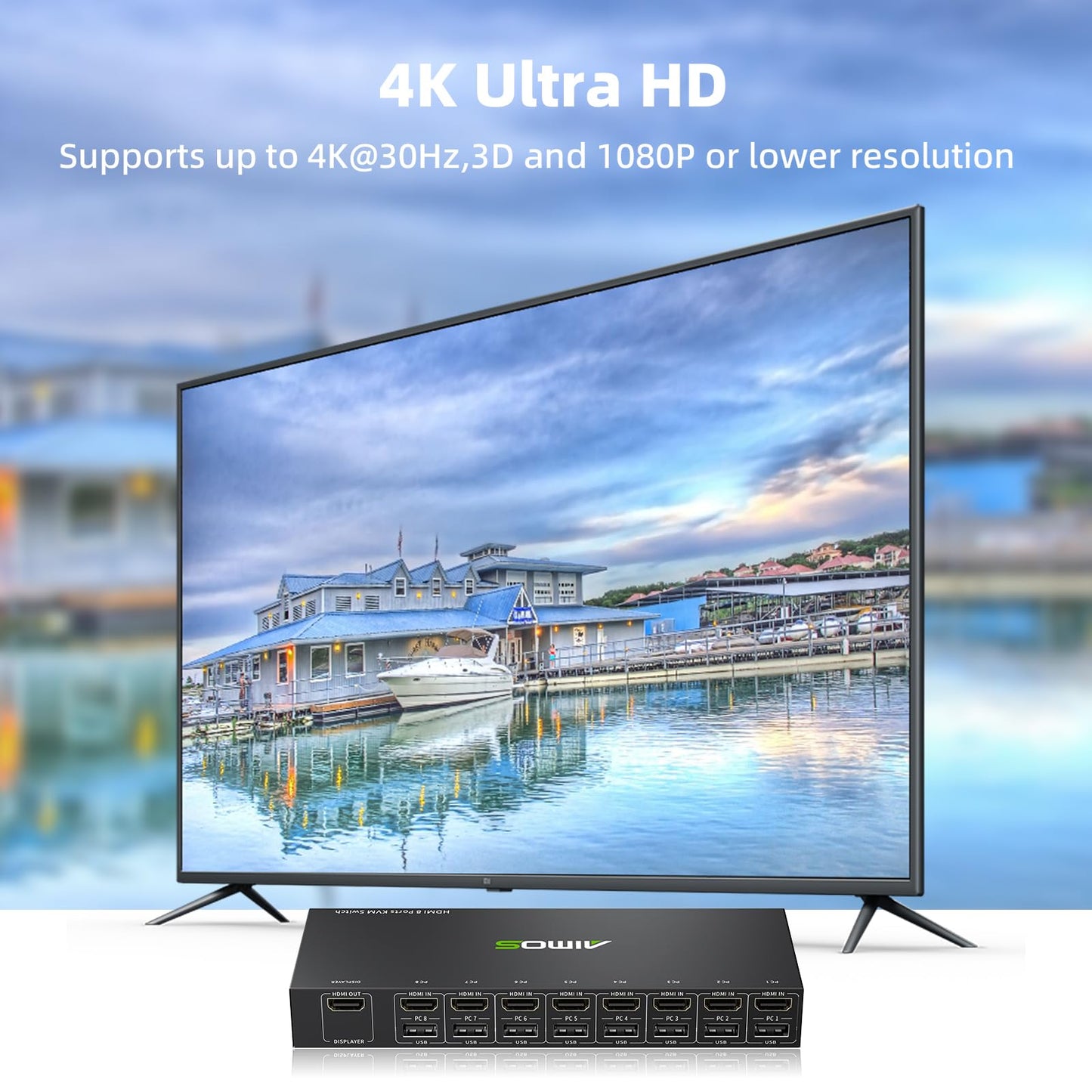 8 Port KVM Switch HDMI 4K@30Hz, USB2.0 HDMI KVM Switch for 8 Computers Share 1 Monitor Keyboard Mouse Printer, Support Hotkey Switch, with Remote Control and 8 USB Cables