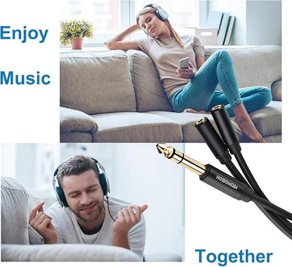 HOSONGIN 1/4 inch TRS to Dual 3.5mm Female Y Cable, 1.5ft, Black Copper Wire & Gold Plated Connectors, Compatible with Headphones