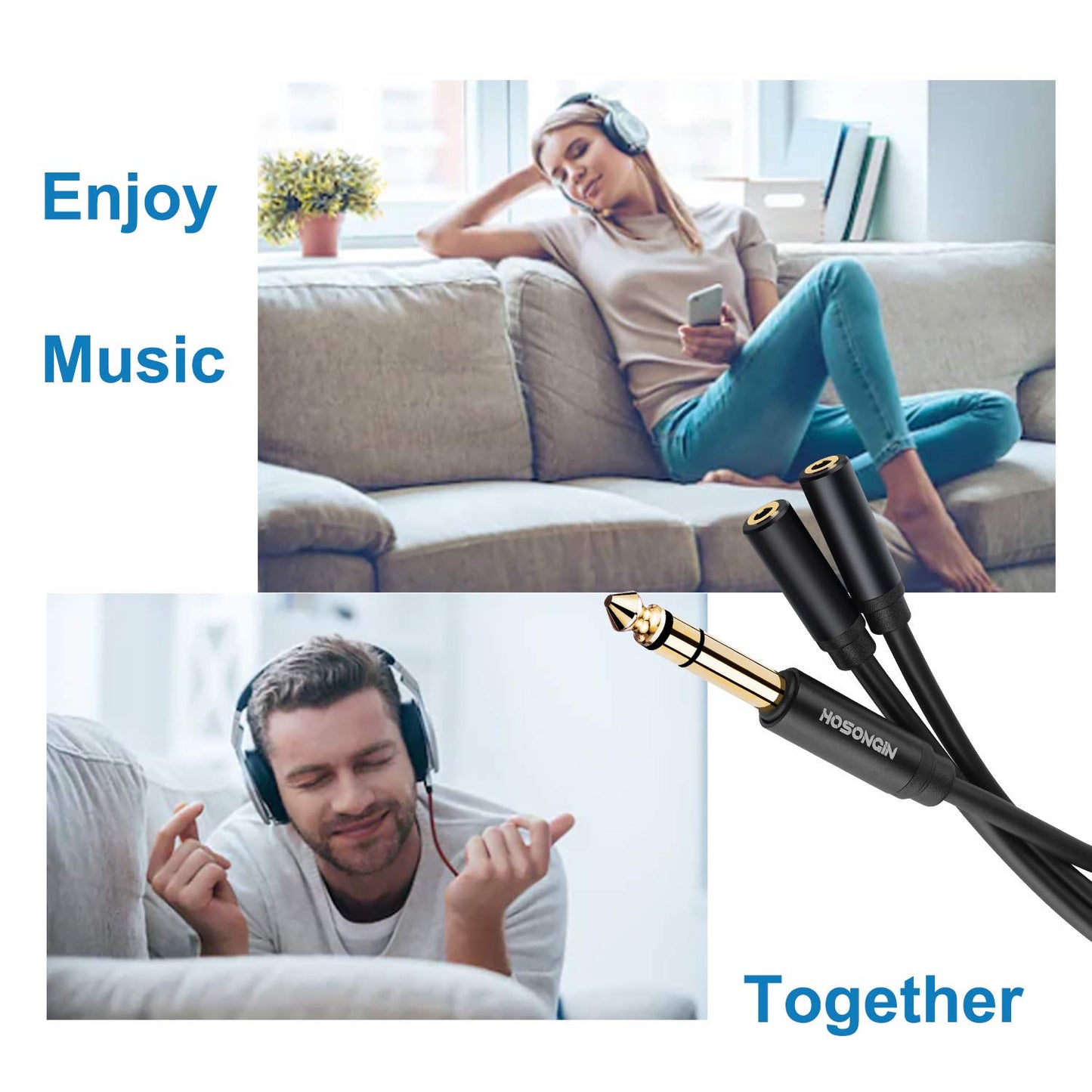 HOSONGIN 1/4 inch TRS to Dual 3.5mm Female Y Cable, 1.5ft, Black Copper Wire & Gold Plated Connectors, Compatible with Headphones