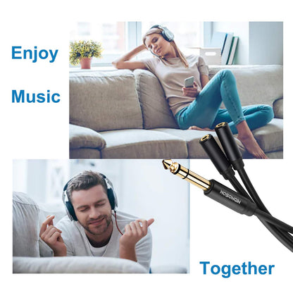 HOSONGIN 1/4 inch TRS to Dual 3.5mm Female Y Cable, 1.5ft, Black Copper Wire & Gold Plated Connectors, Compatible with Headphones