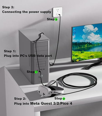 16FT VR Charging Link Cable | USB 3.0 High-Speed Data & Charge for Meta Quest 3S/3/2/Pro, Pico 4 and PC/SteamVR USB-C Charger Cord for VR Headset - Gray