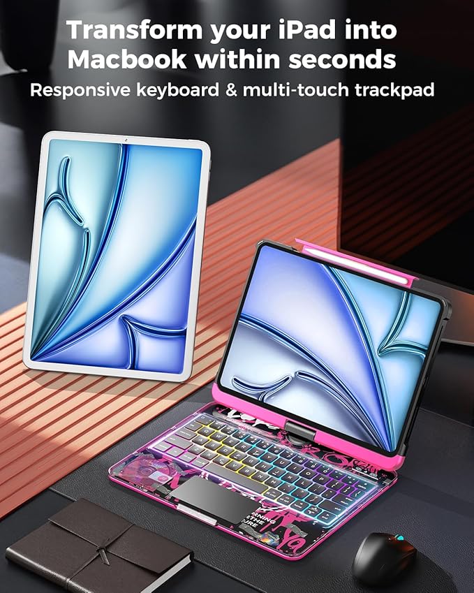 SIEBITU Clear Wireless Keyboard Case for iPad Air 11-inch (M3 2025/M2 2024) & iPad Pro 11-inch 4th 3rd 2nd 1st Gen, 7-Color Backlit with Multi-Touch Trackpad for 10.9" iPad Air 4th/5th Gen, Pink