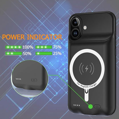 Battery Case iPhone 16 Plus, Upgraded 12000mAh Rechargeable Portable Extended Battery Pack Supported Qi Wireless Charging Case Compatible with iPhone 16 Plus (6.7 inch) Charger Case Power Bank (Black)