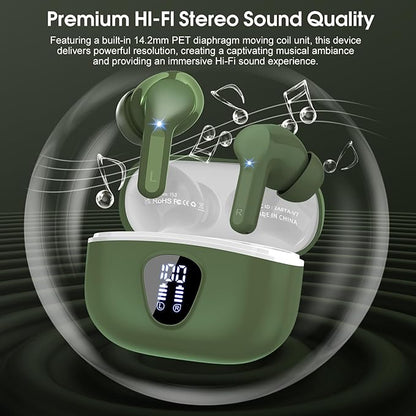 Wireless Earbuds, Bluetooth 5.4 Headphones HiFi Stereo, Bluetooth Earbuds with ENC Noise Cancelling Mic, IP7 Waterproof in Ear Earphones, 48H, LED Display Ear buds for Pad Workout Sports, Retro Green