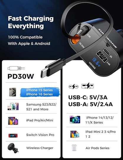 Retractable Car Charger 4 in 1 Fast Car Phone Charger Adapter with Type C & Apple Cords Compatible with iPhone 16/15/14/13/12/11, Galaxy, Pixel