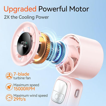 3-in-1 Portable Handheld Turbo Fan-100 Speeds, 15000 RPM, 10Hrs Cooling, LED Display, 90° Rotation, USB Rechargeable Battery Powered, Mini Foldable Hand Held Personal Fan for Women Men (Pink)