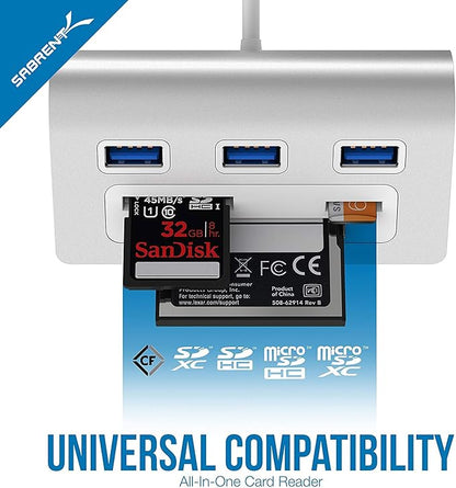 SABRENT Premium 3 Port Aluminum USB 3.0 Hub with Multi in 1 Card Reader (12" Cable) for iMac, All MacBooks, Mac Mini, or Any PC (HB-MACR)