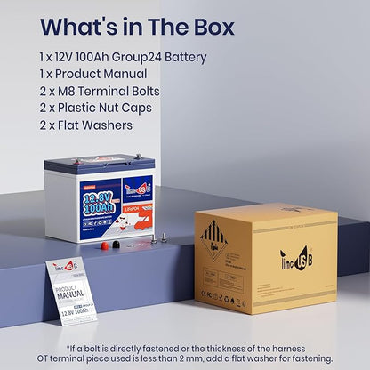 12V100Ah Group24 Mini LiFePO4 Battery, Grade A Battery Cells, Drop-in Replacement for Lead Acid Battery, 100A BMS, Up to 15000 Cycles, Lithium Battery for RV & Motor Home, Marine, 1 Pack