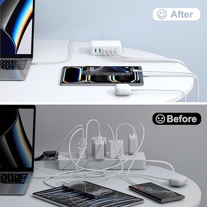 USB C Fast Charger, 150W 6 Port Desktop PD GaN Fast Charger Charging Station Block 65W USB C Laptop Power Adapter for MacBook Pro/Air iPad iPhone 16 15 14 13 Pro Max Galaxy S24 Note 20 Pixel
