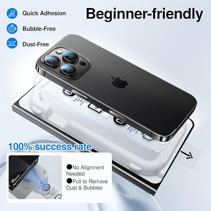 SMARTDEVIL 3 Pack Screen Protector for iPhone 16 Pro, Bubble-and-Dust-Free Box, HD Tempered Glass, Military Grade Shatterproof & Ultra Durable, Easy Installation