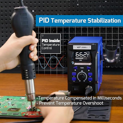 WEP 2009D-II Hot Air Soldering Station, Hot Air Rework Station with Detachable Soldering Heat Gun, 4 Preset Channels, Digital LED Display, Adjustable Temperature 212-896°F, PID Temp Stabilization
