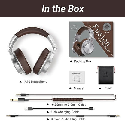 OneOdio A70 Bluetooth Over Ear Headphones, Wireless Headphones w/ 72H Playtime, Hi-Res, 3.5mm/6.35mm Wired Audio Jack for Studio Monitor & Mixing DJ E-Guitar AMP, Computer Laptop PC Tablet - Silver