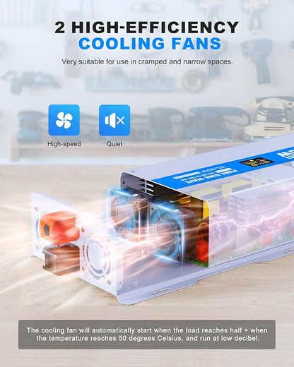 3000W Pure Sine Wave Power Inverter 12V DC to 120V AC Converter 6000 Watt Peak Power Multi-Display Screen with 2 GFCI Outlet 30W USB and 18W Type-C for Car RV Truck Boat Off-Grid, Gray Blue
