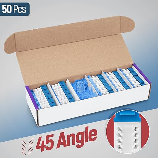 Everest 45° Angled RJ45 Cat5e Keystone Jacks 50-Pack in Blue - Slim Profile Female RJ45 Connectors - Cat 5e Keystone Jack - Compatible with 45° Angled Speed Termination Tool - 45Term (B0BL3GS7ZY)