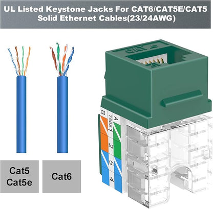 VCE UL Listed Cat6 RJ45 Keystone Jack Insert 25-Pack, 90 Degree Punch Down Keystone Jack Adapter Slim Profile Green