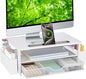 AUPSEN White Monitor Stand Riser, 2-Tier Wood Computer Desk Organizer with Drawer, Pen Storage & Phone Holder, Office Desk Accessories Desktop Organizer for Office Supplies
