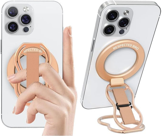 RESPECTED-BRO-Magnetic-Phone-Grip-Stand-with-Finger-Strap, 4-in-1 Magnetic Ring Holder, Kickstand and Elastic Strap for Phones, Universal Fit for iPhone 17/16/15/14/13/12, Android and Cases(Rose Gold)