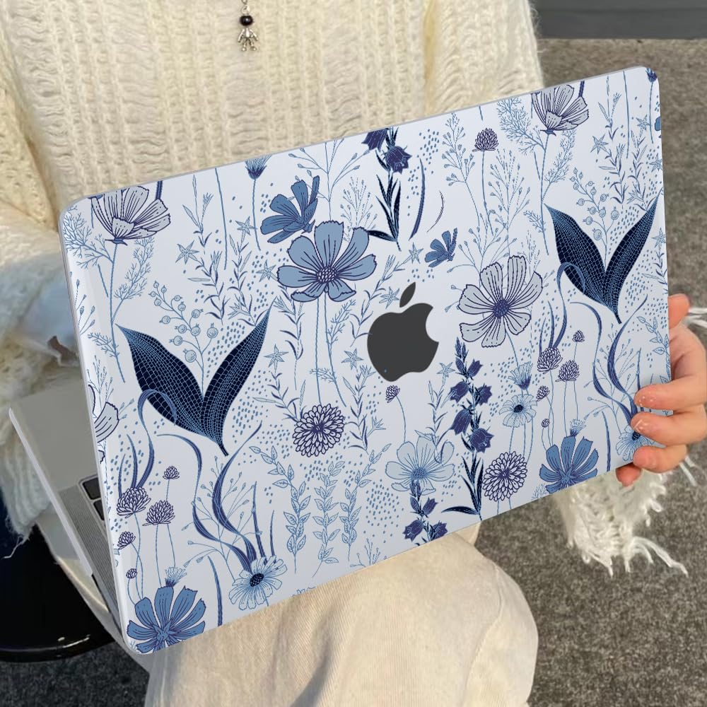 LCMOCICO for MacBook Pro 13 Inch Case 2022 2021 2020 Release A2338 M2 M1 A2251 A2289, Plastic Hard Shell Case for MacBook Pro 13.3 inch with Touch Bar & Touch ID, Navy Blue Wild Flowers