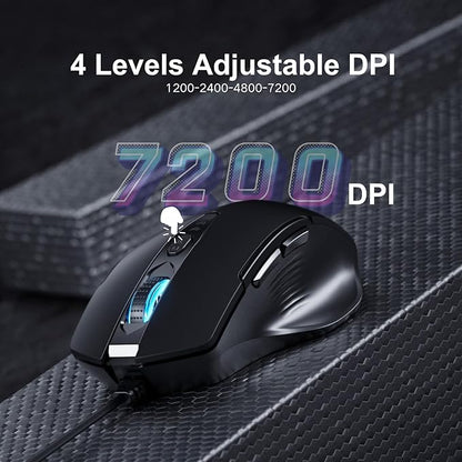 Wired Mouse, USB Mouse Wired with 6 Buttons Ergonomic Design,1.5M USB Cable Computer mice 7200DPI Optical Mice for PC Laptop, Matte Black