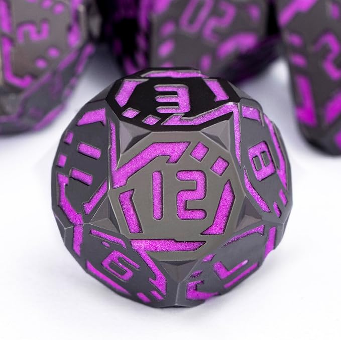 Metal DND Sci-fi Dice Set 7PCS Luminous Purple Stripe Polyhedral Dice for Dungeons Dragons RPG Role Playing Game, Glitter D and D Dice with Gift Box D6 D8 D10 D12 D20